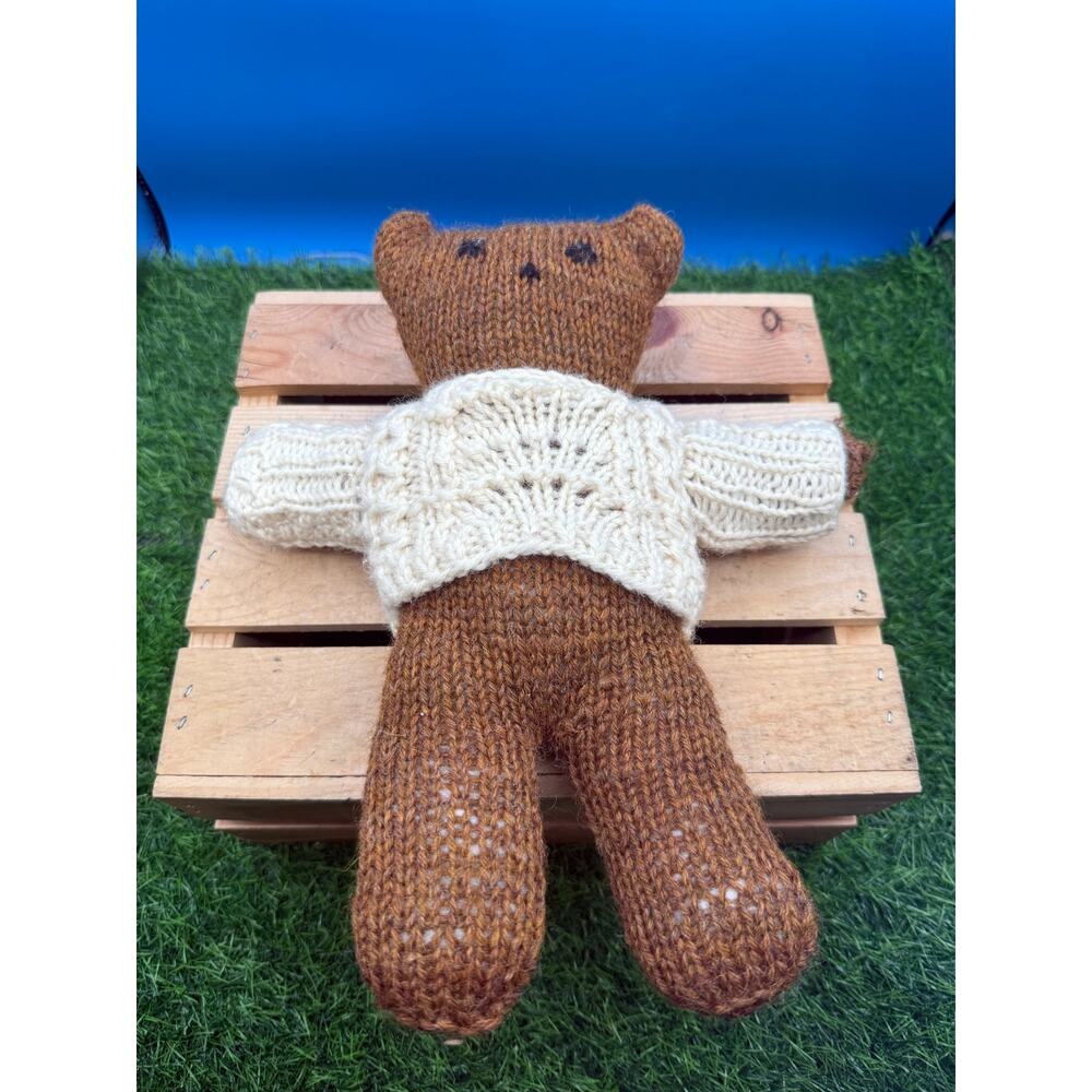 Hand-Knitted Brown Teddy Bear with Cream Cable Knit Sweater –Vintage Style Plush